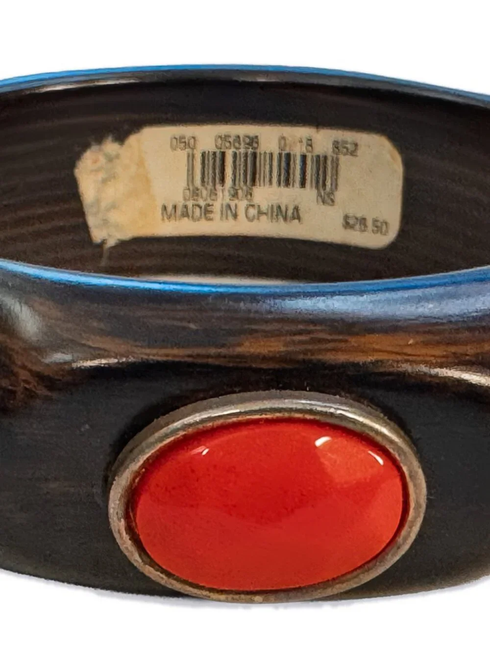 Lucite Faux Wood Bangle Fashion Bracelet with Red Cabochon Inlays